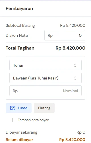 Contoh layar Mode Faktur untuk toko bangunan