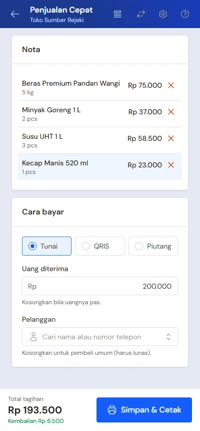 Contoh Penjualan Cepat di HP dengan kembalian