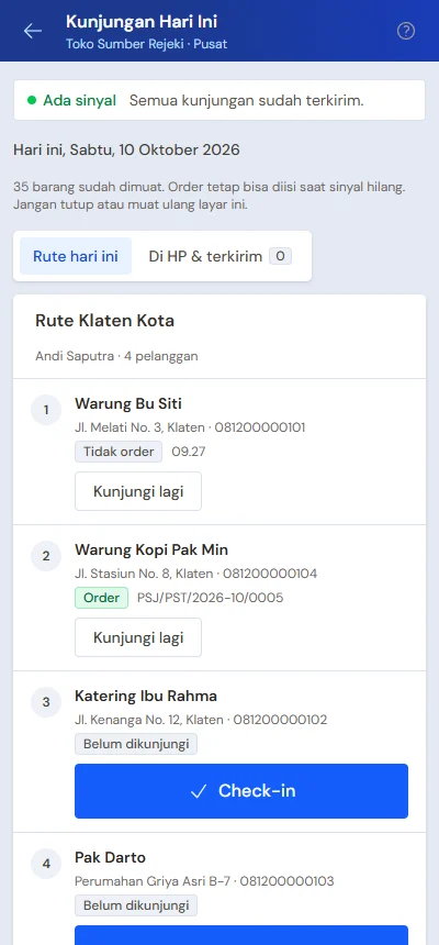 Example of today's visits for travelling sales on a phone